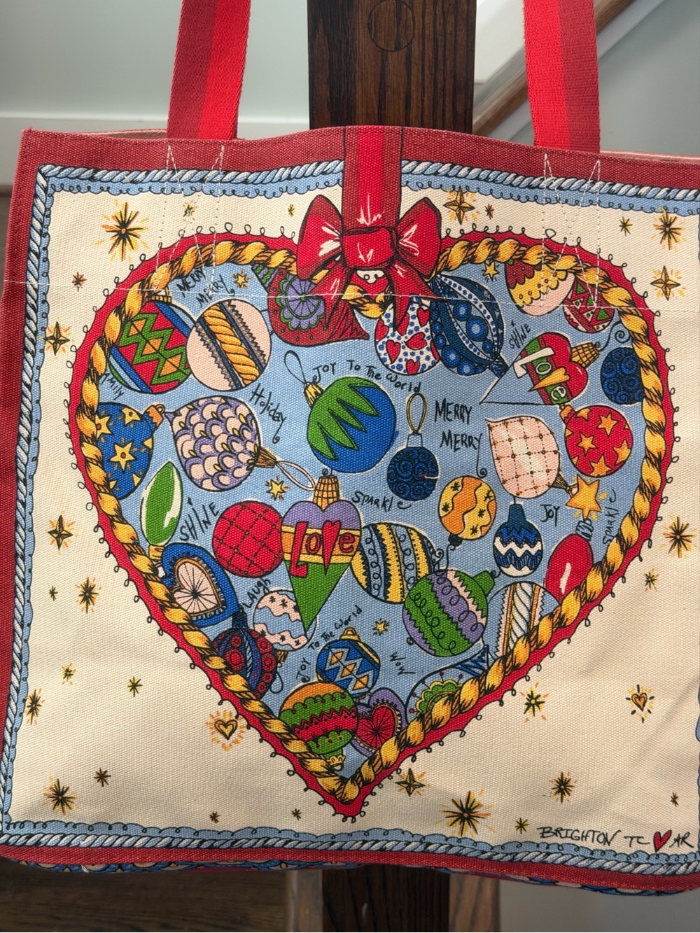 Brighton Love Heart Holiday Tote Bag Canvas Reversible Shopper Red Handles - Picture 3 of 13